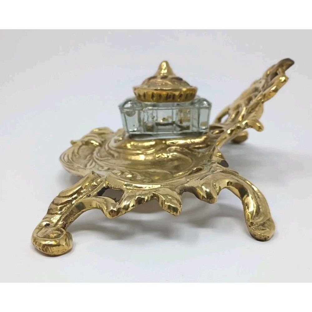 Antique Solid Brass Art Nouveau Writing Desk Set w/ Glass Inkwell - Picture 4 of 16